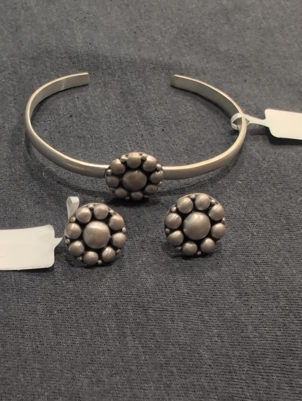 Sterling Silver Floral Dot Cuff Bracelet and Stud Earrings Set